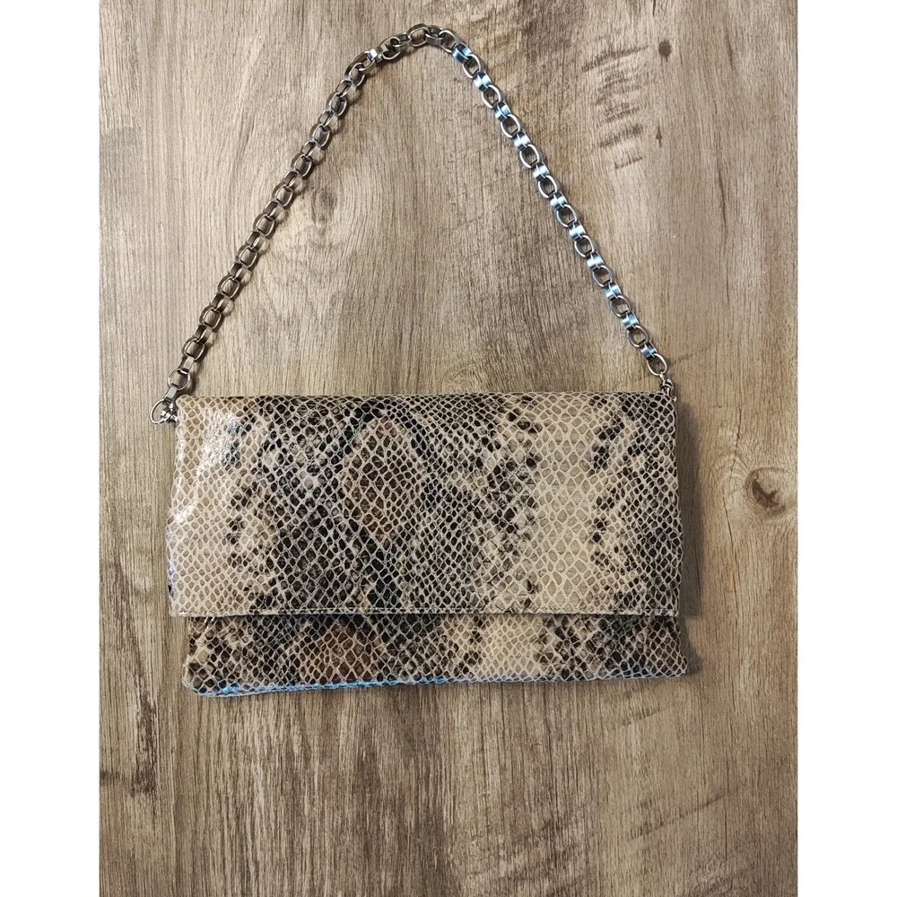 Alfani Foldover Clutch Bag Womens Medium Beige Brown Faux Snakeskin Chain Strap